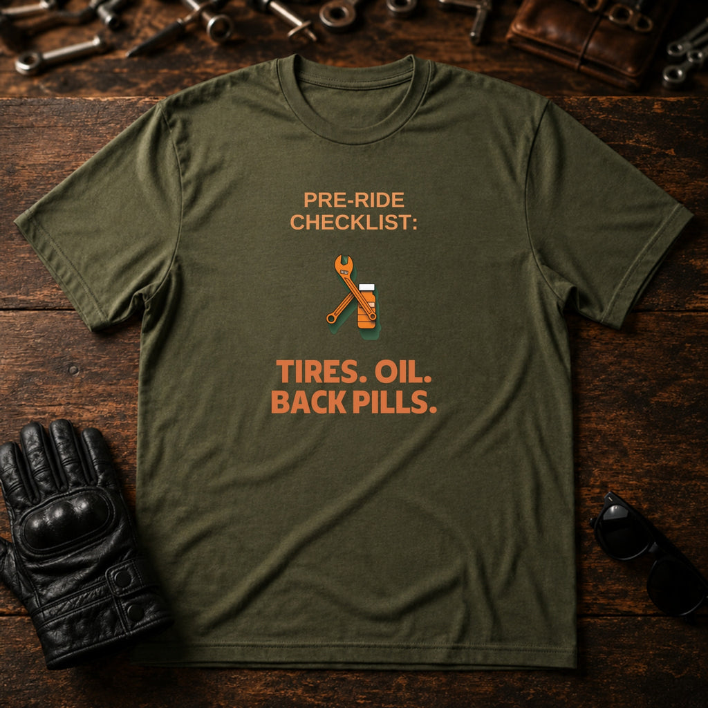 Pre-Ride Checklist Back Pills T-Shirt - mockup 2 military green