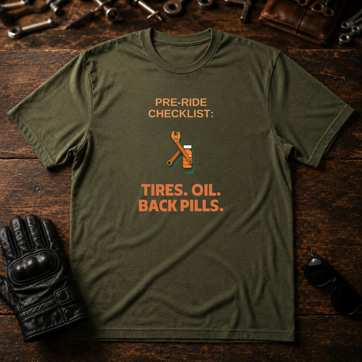 Pre-Ride Checklist Back Pills T-Shirt - mockup 2 military green