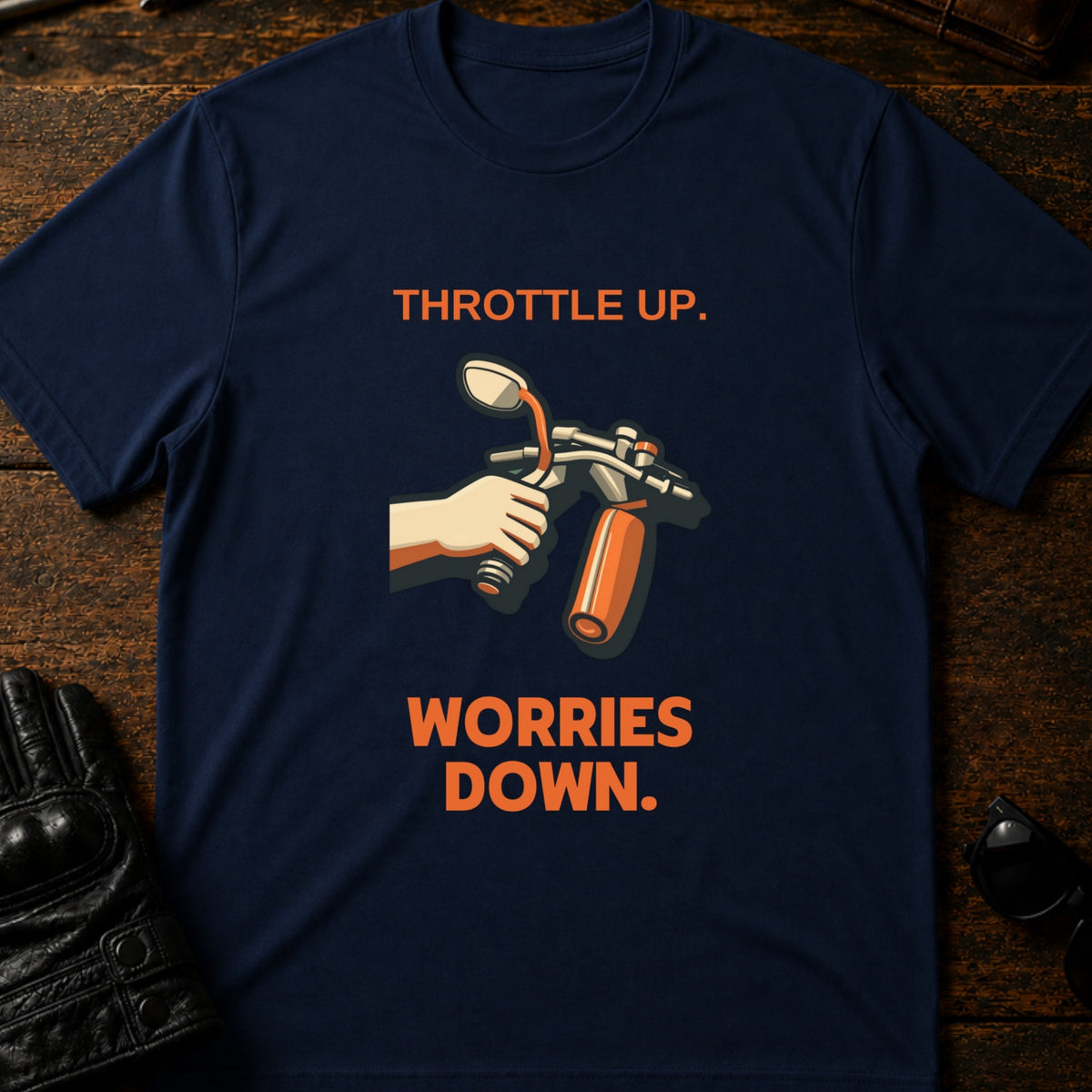 Throttle Up Worries Down Motorcycle T-Shirt, navy