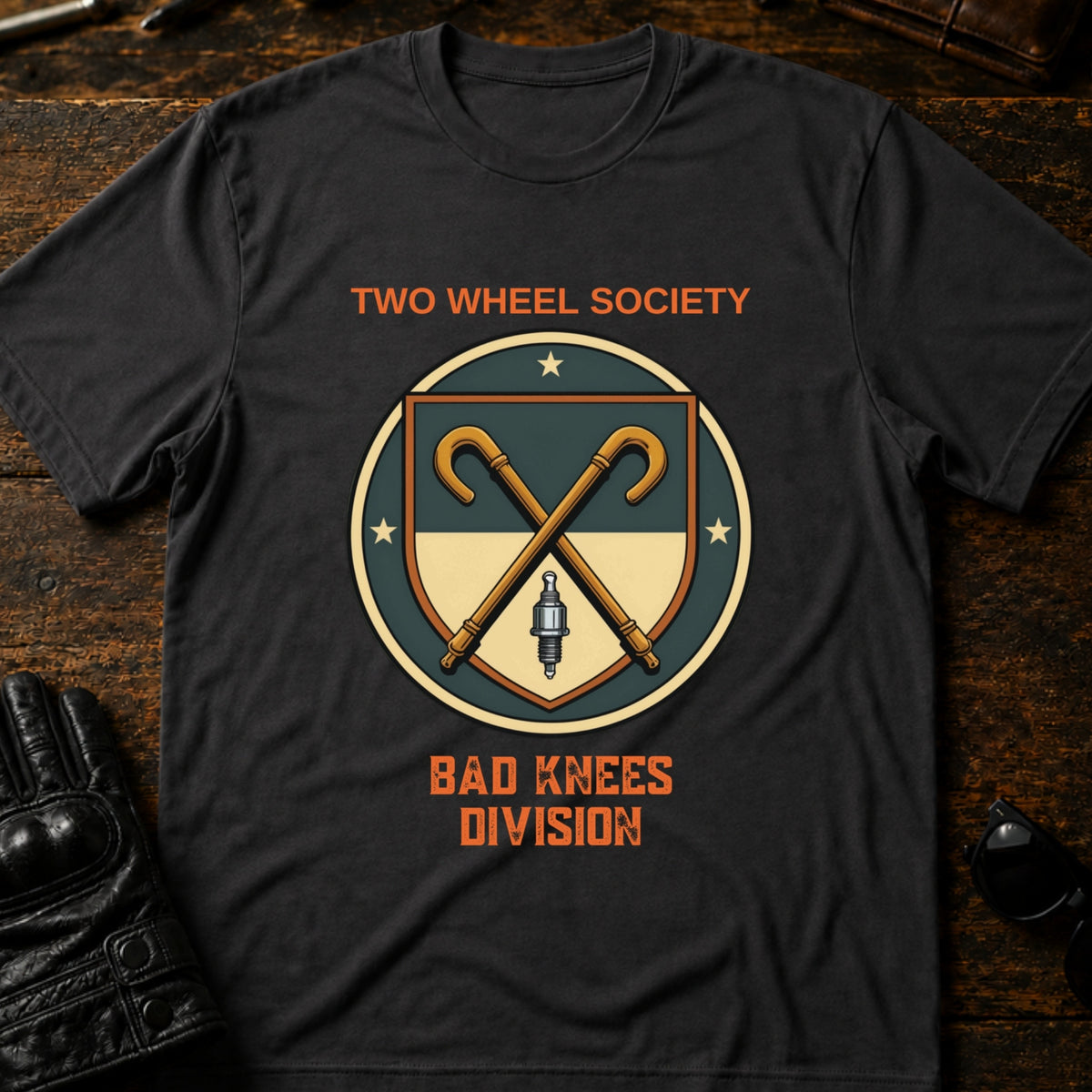Two Wheel Society Bad Knees Division Biker T-Shirt, charcoal