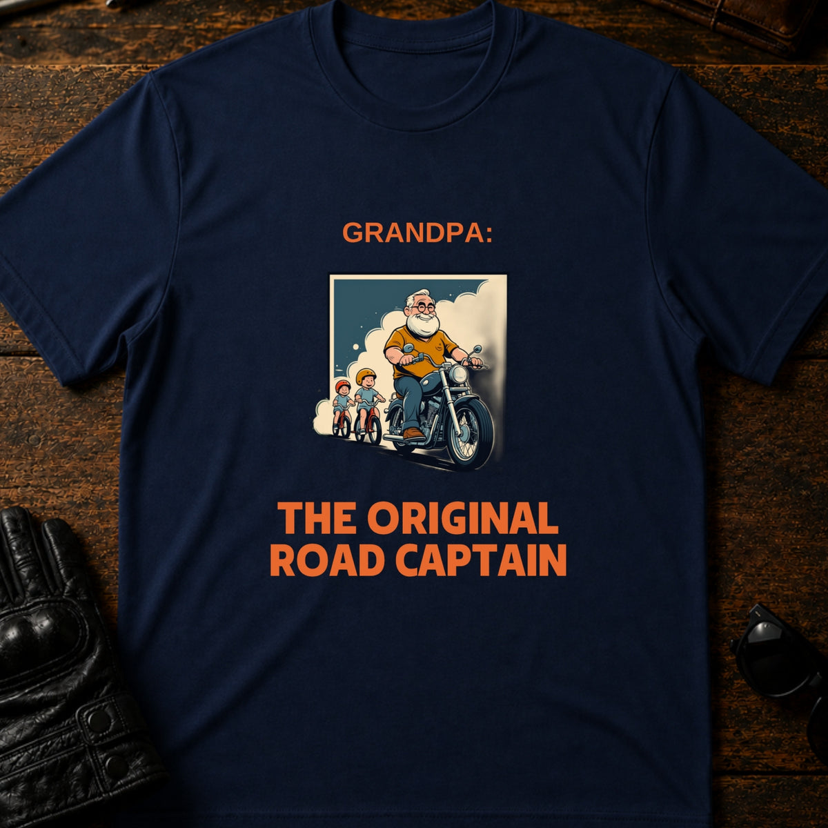 Grandpa The Original Road Captain Motorcycle Gift T-Shirt, navy
