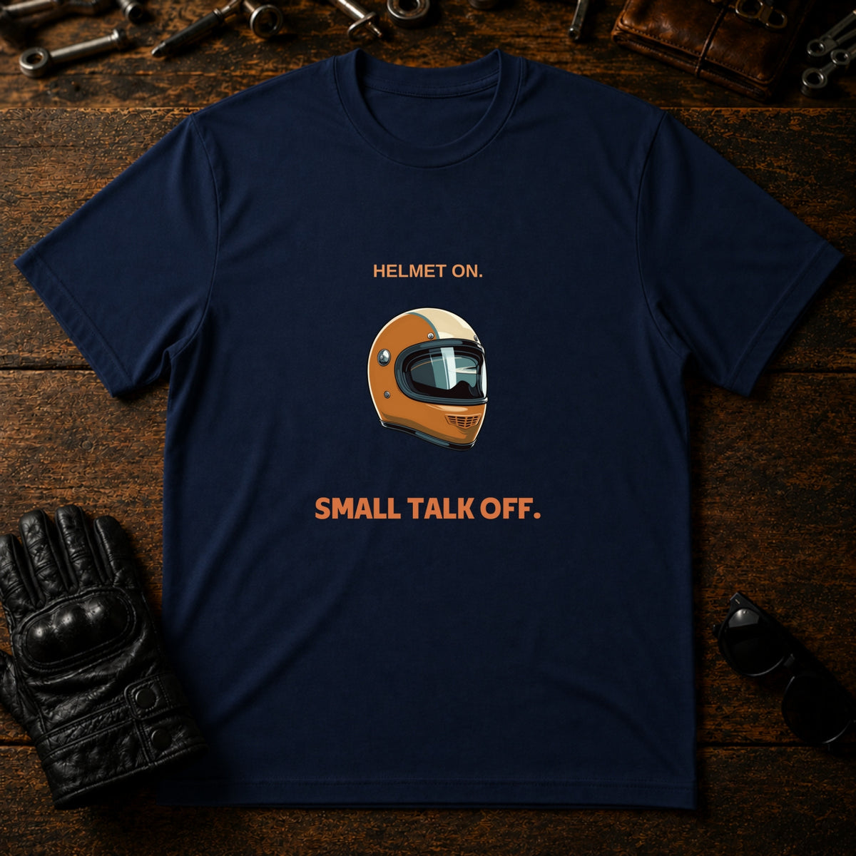 Helmet On Small Talk Off T-Shirt - mockup 5 navy