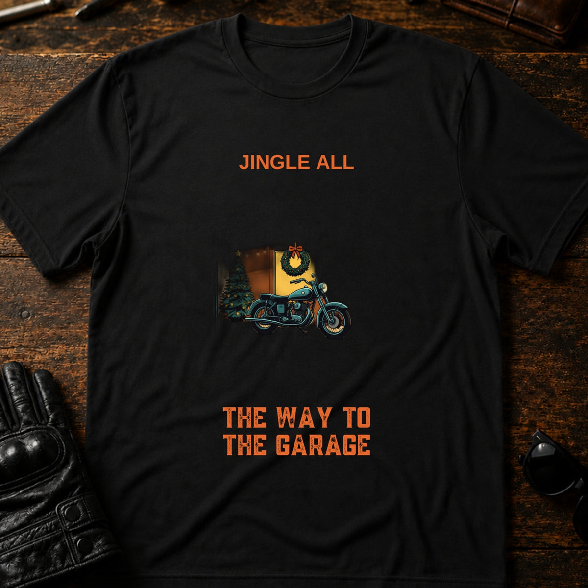 Jingle All The Way To The Garage Christmas Biker T-Shirt, black