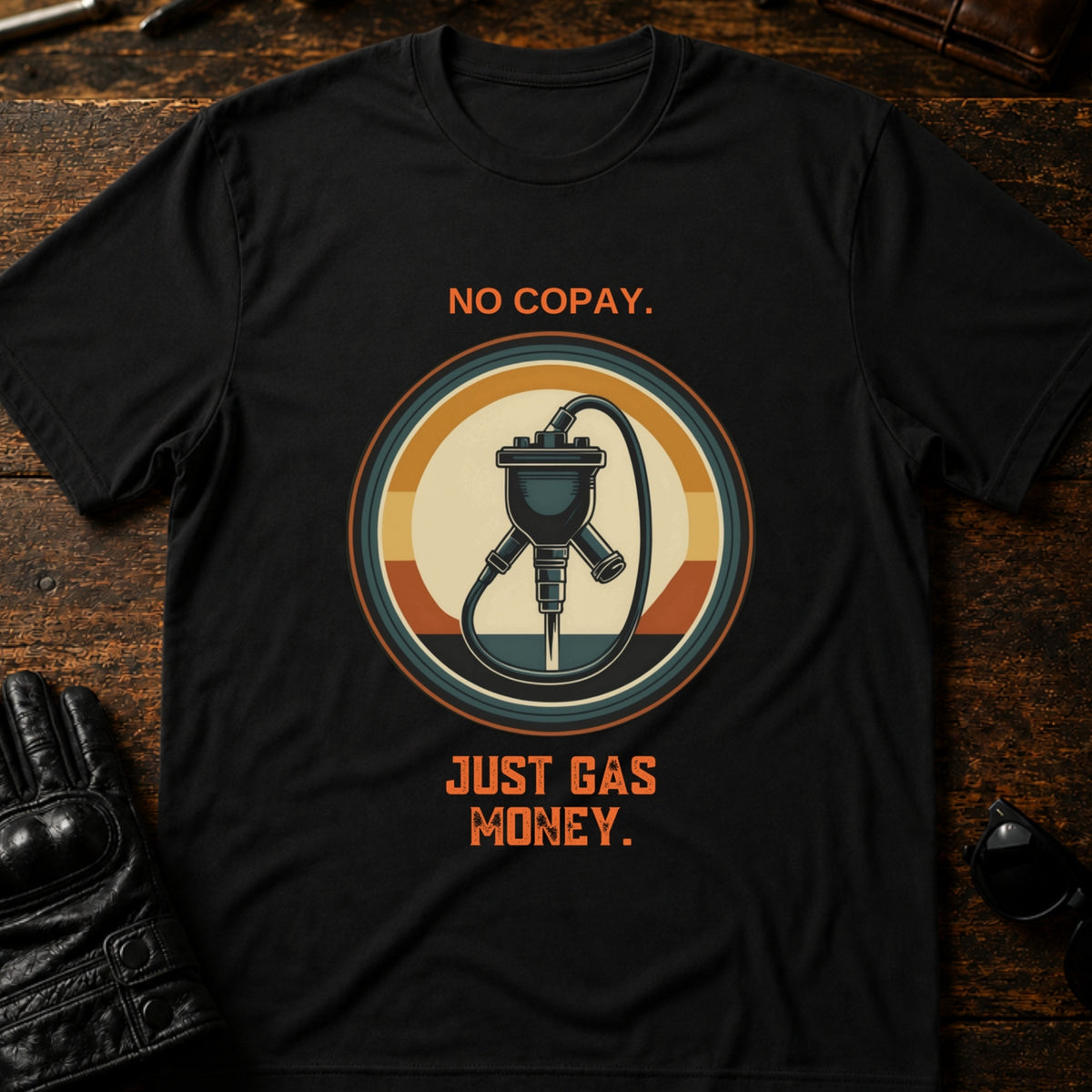 No Copay Just Gas Money Motorcycle Therapy T-Shirt, black