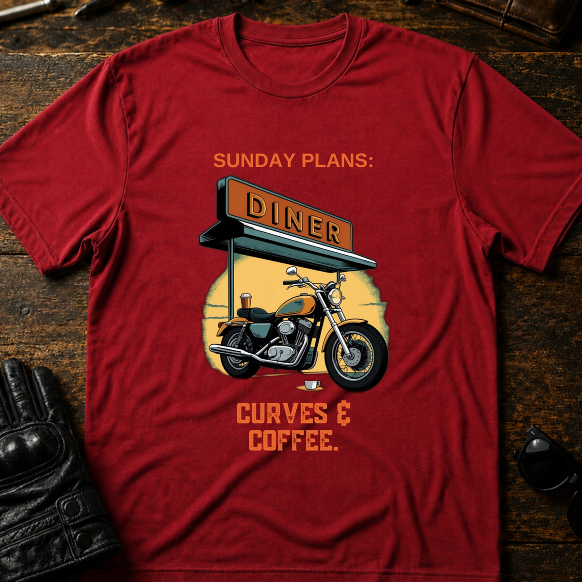 Sunday Plans Curves And Coffee Motorcycle T-Shirt, cardinal red