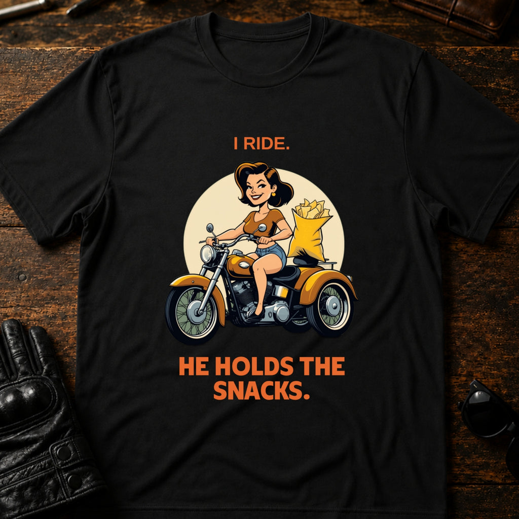I Ride He Holds The Snacks Women Biker T-Shirt - mockup 1 black