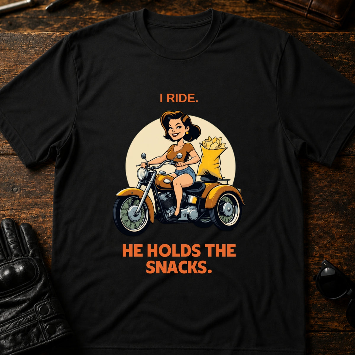 I Ride He Holds The Snacks Women Biker T-Shirt, black