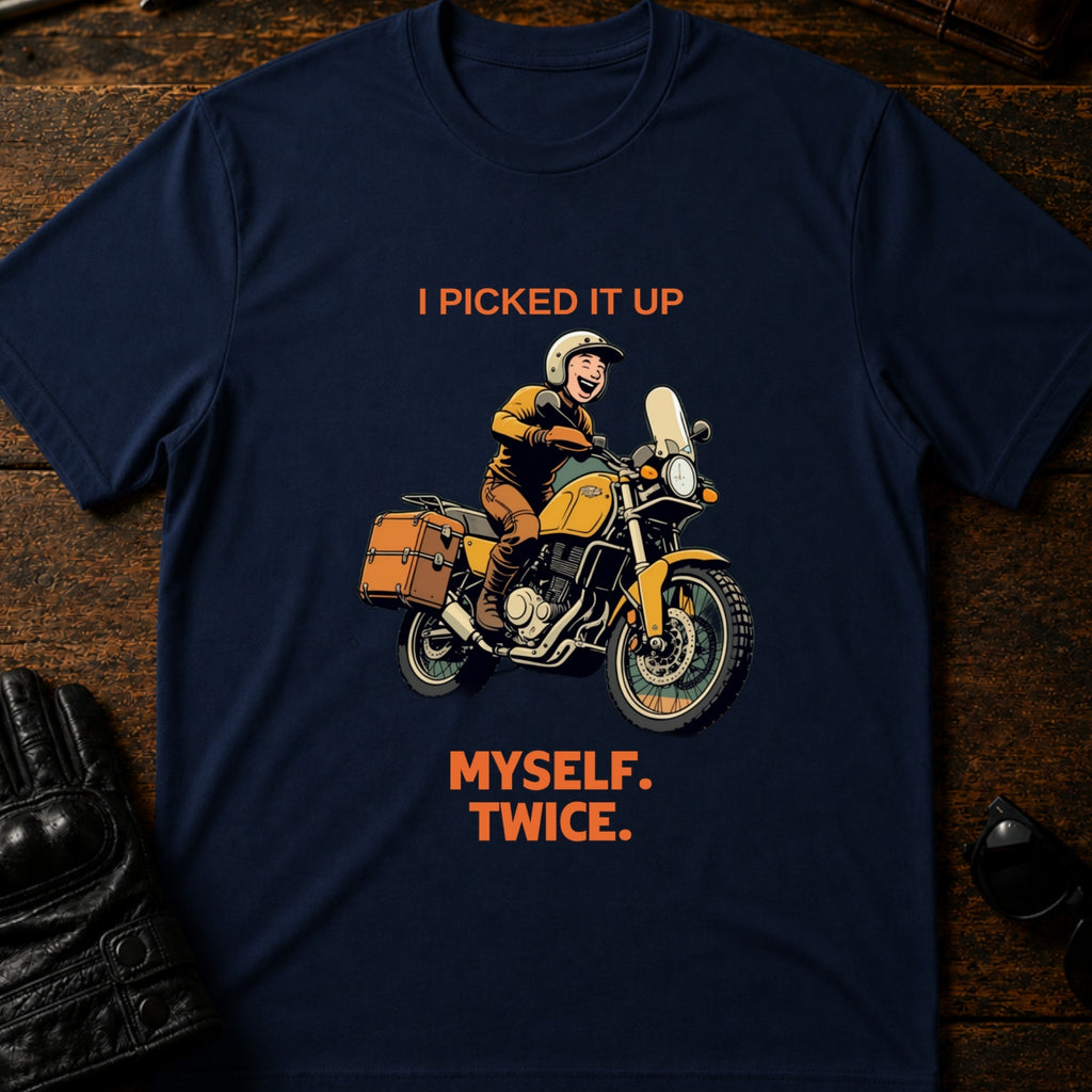 I Picked It Up Myself Twice Adventure Biker T-Shirt - mockup 5 navy