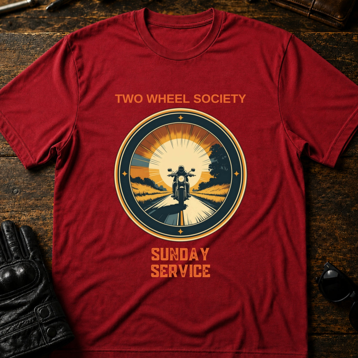 Two Wheel Society Sunday Service On The Road T-Shirt, cardinal red