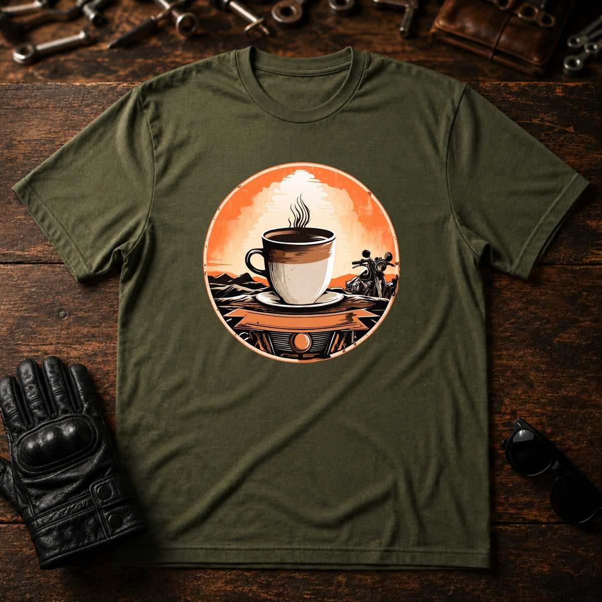 Sunrise Coffee Ride T-Shirt - mockup 2 military green