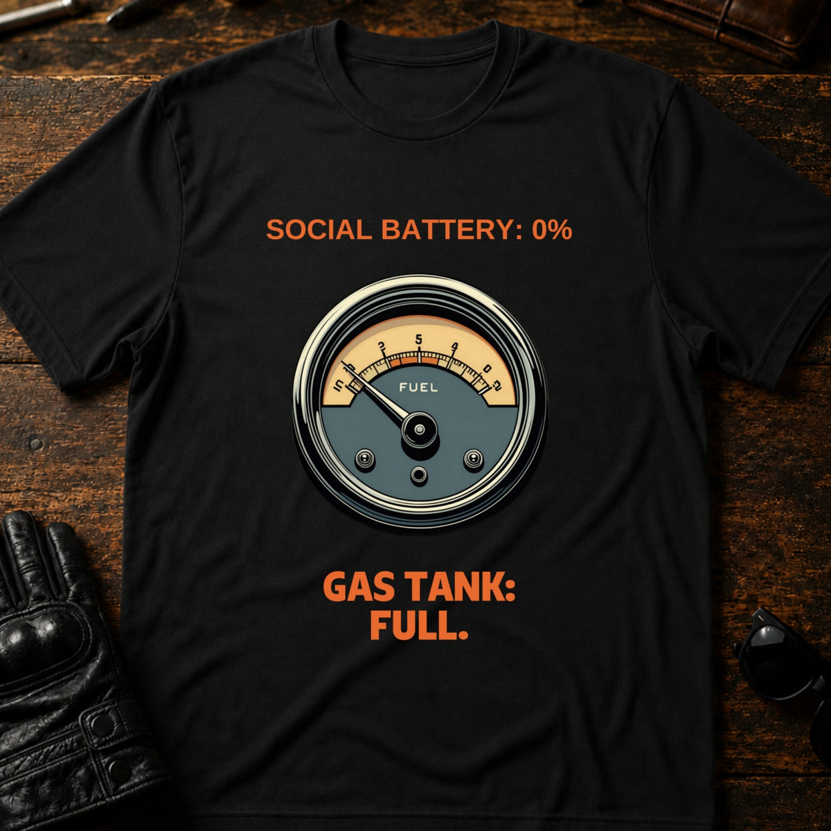Social Battery Empty Gas Tank Full Introvert Biker T-Shirt, black