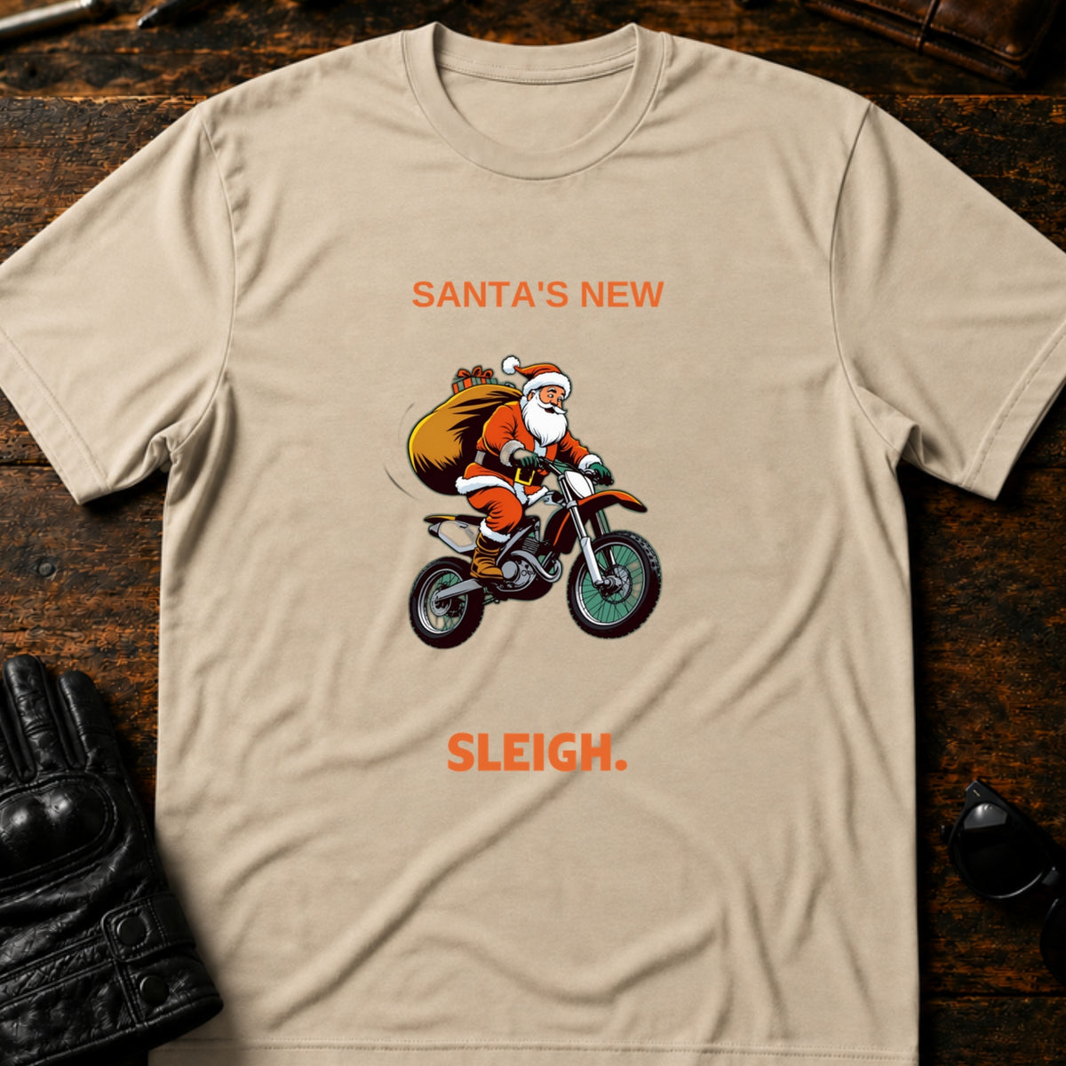Santa Motocross Christmas Dirt Bike T-Shirt, sand