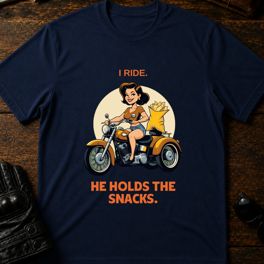 I Ride He Holds The Snacks Women Biker T-Shirt - mockup 5 navy