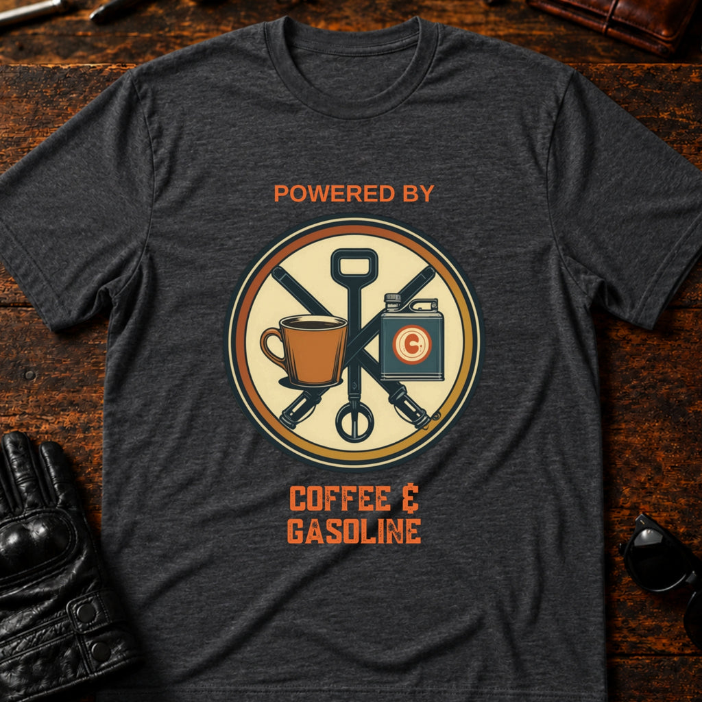 Powered By Coffee And Gasoline Two Wheel Society T-Shirt - mockup 8 dark heather