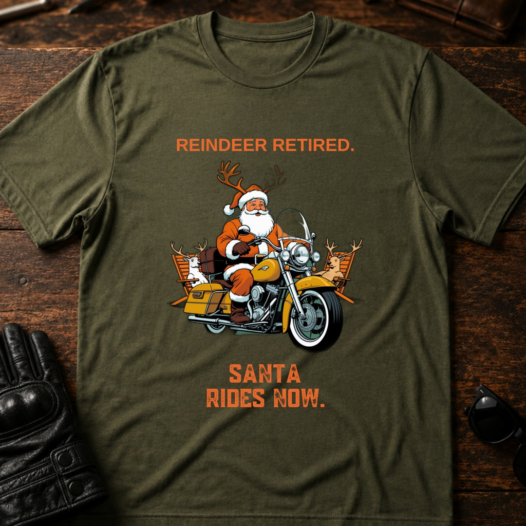 Reindeer Retired Santa Rides Now Motorcycle T-Shirt - mockup 2 military green