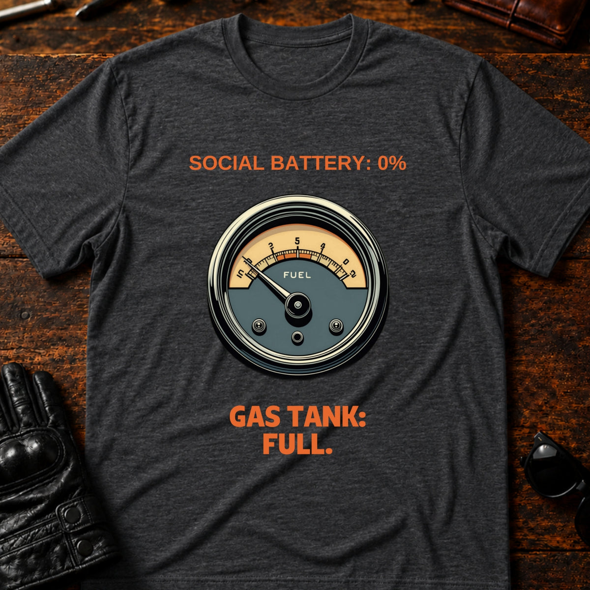 Social Battery Empty Gas Tank Full Introvert Biker T-Shirt, dark heather