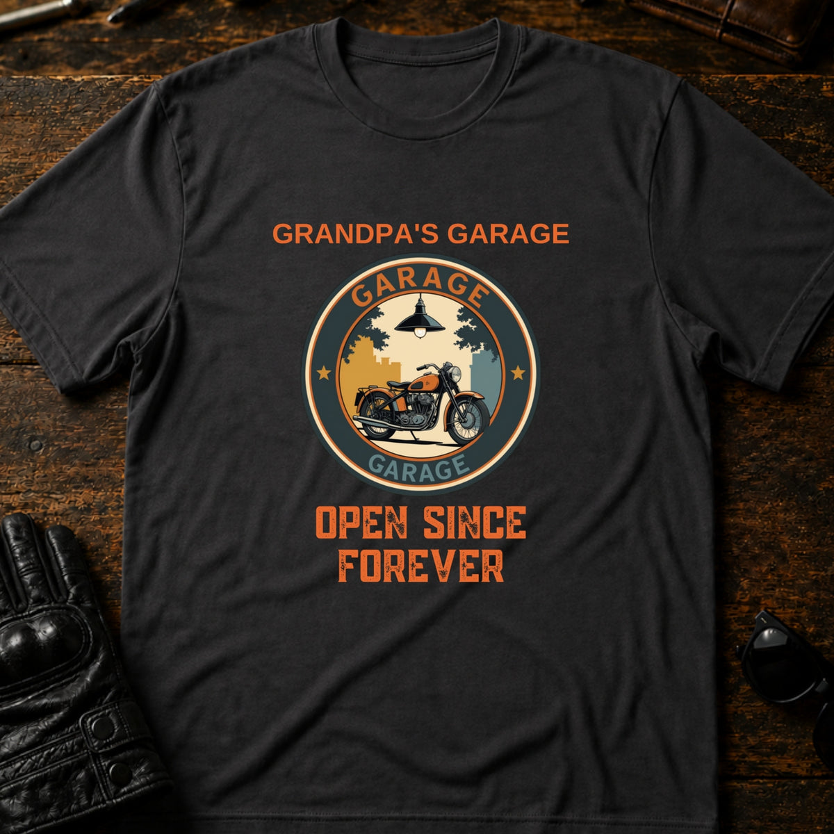 Grandpas Garage Open Since Forever Biker T-Shirt, charcoal