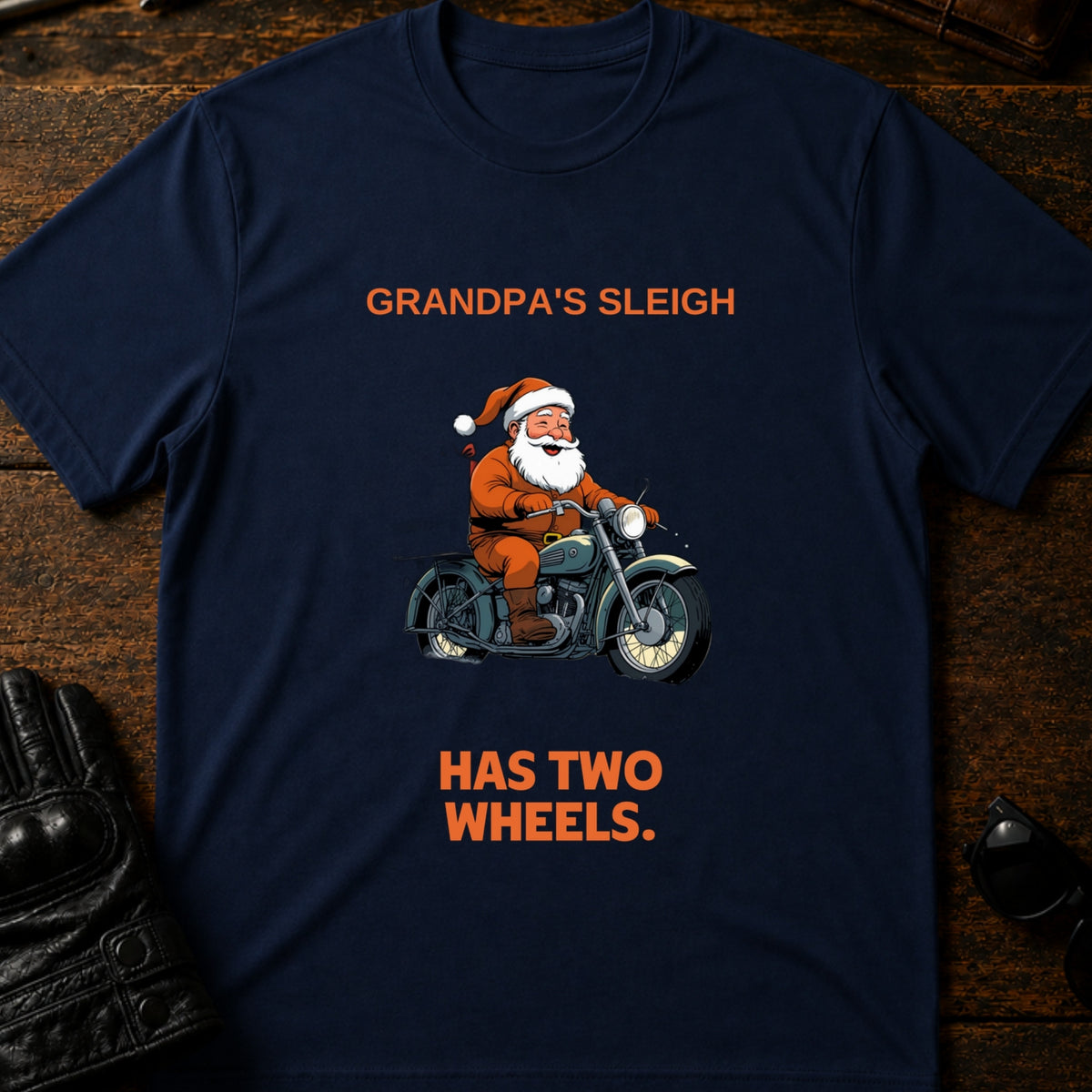 Grandpas Sleigh Has Two Wheels Christmas Biker T-Shirt, navy