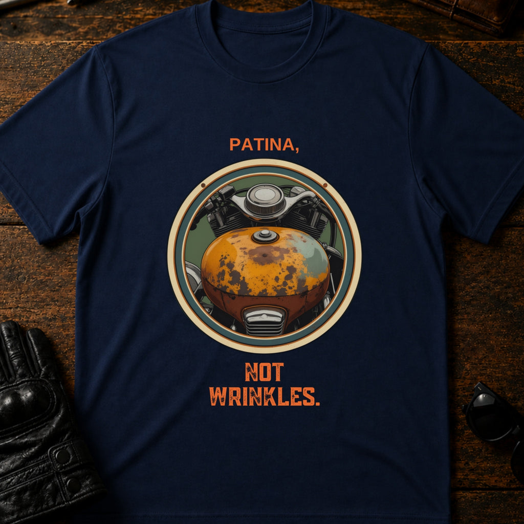 Patina Not Wrinkles Vintage Motorcycle T-Shirt - mockup 5 navy