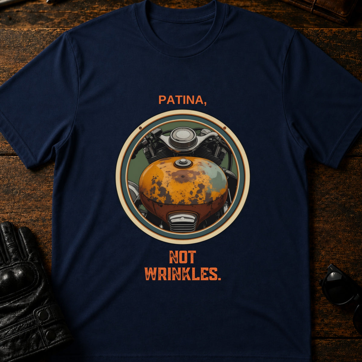 Patina Not Wrinkles Vintage Motorcycle T-Shirt, navy