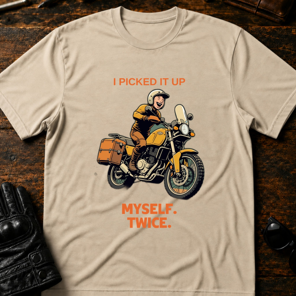 I Picked It Up Myself Twice Adventure Biker T-Shirt - mockup 6 sand