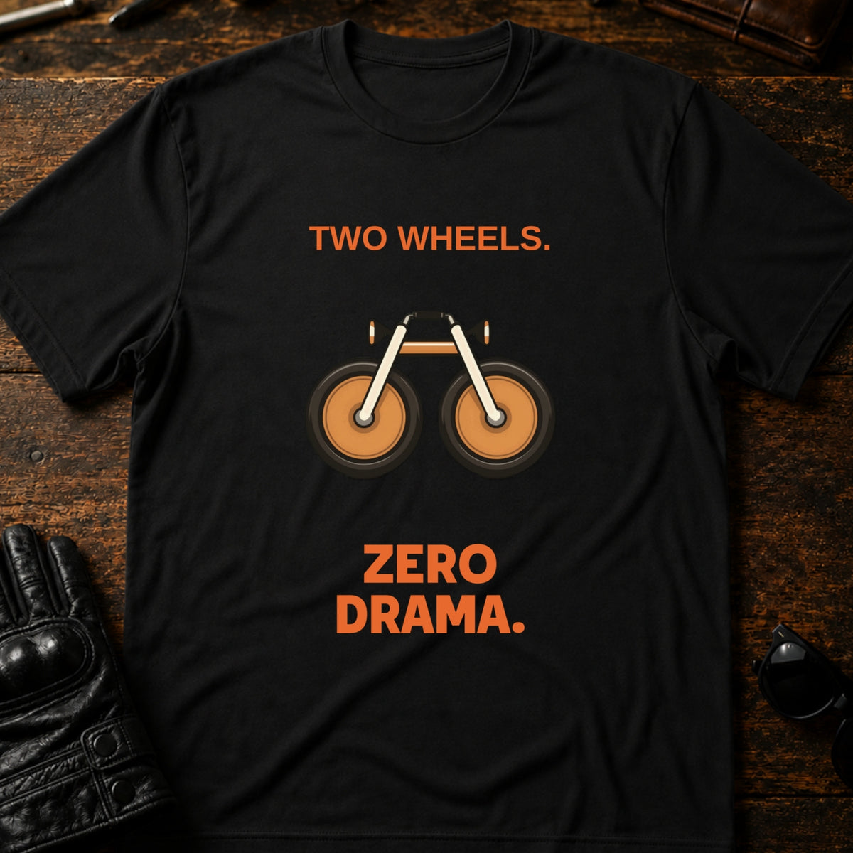 Two Wheels Zero Drama Motorcycle T-Shirt, black