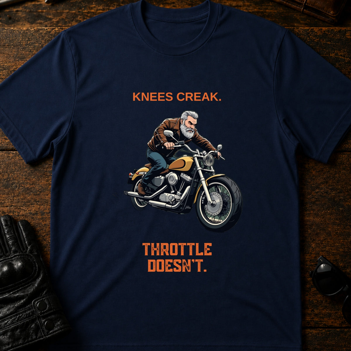 Knees Creak Throttle Doesnt Older Rider T-Shirt, navy