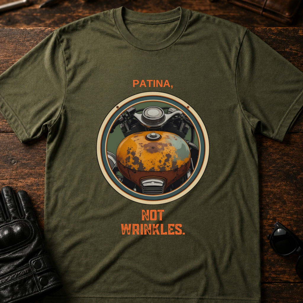 Patina Not Wrinkles Vintage Motorcycle T-Shirt - mockup 2 military green