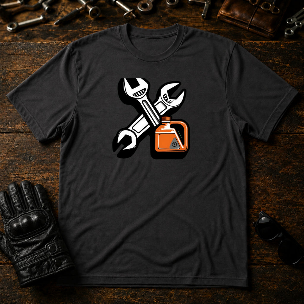 Wrench and Oil Emblem T-Shirt - mockup 3 charcoal