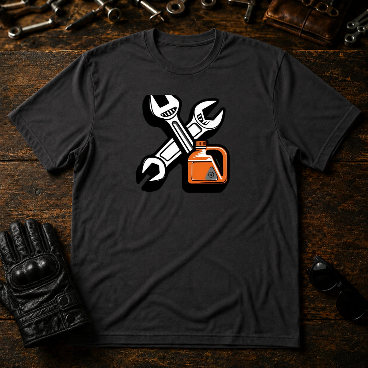 Wrench and Oil Emblem T-Shirt - mockup 3 charcoal