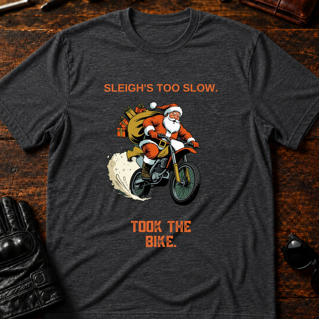 Sleighs Too Slow Took The Bike Santa T-Shirt - mockup 8 dark heather