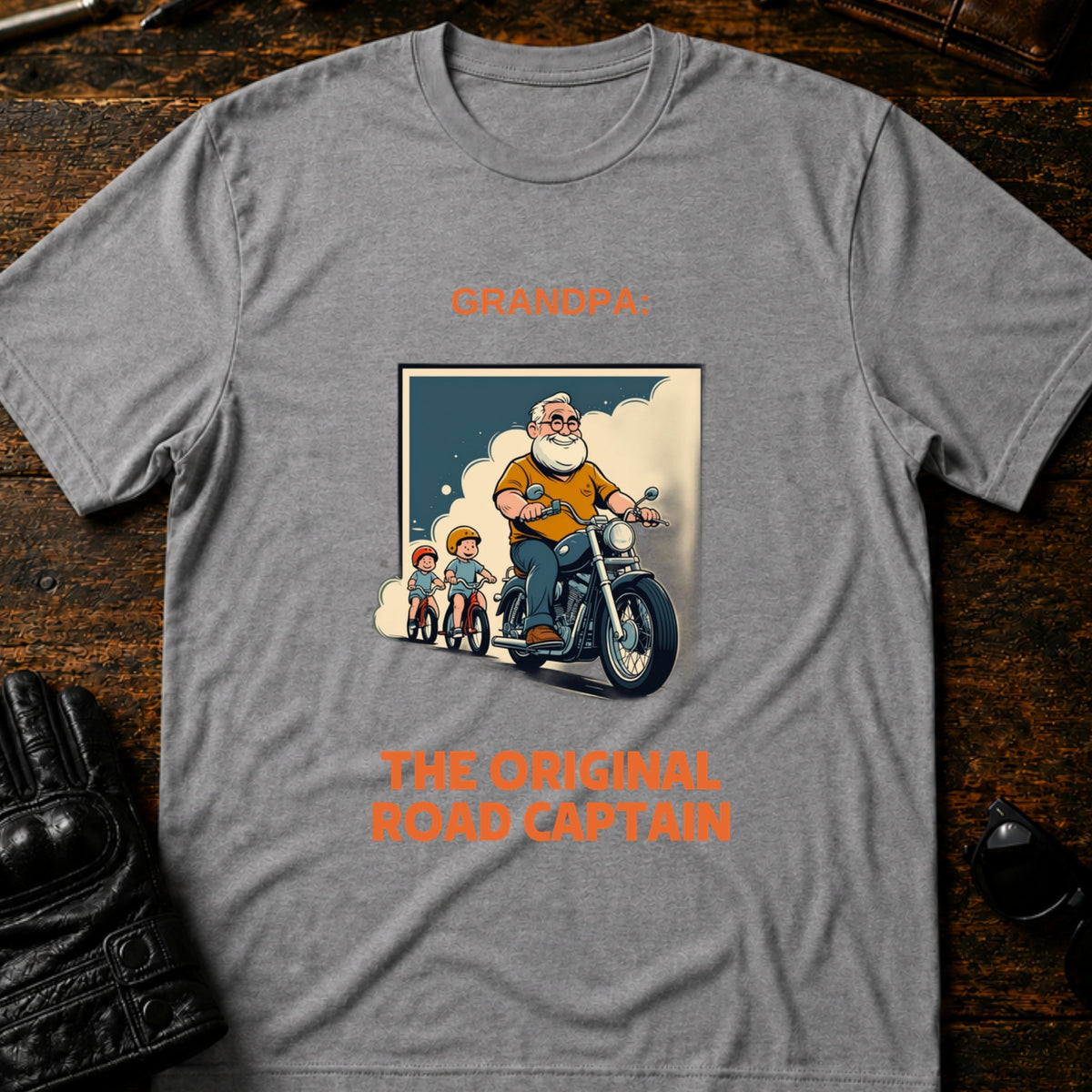 Grandpa The Original Road Captain Motorcycle Gift T-Shirt, sport gray