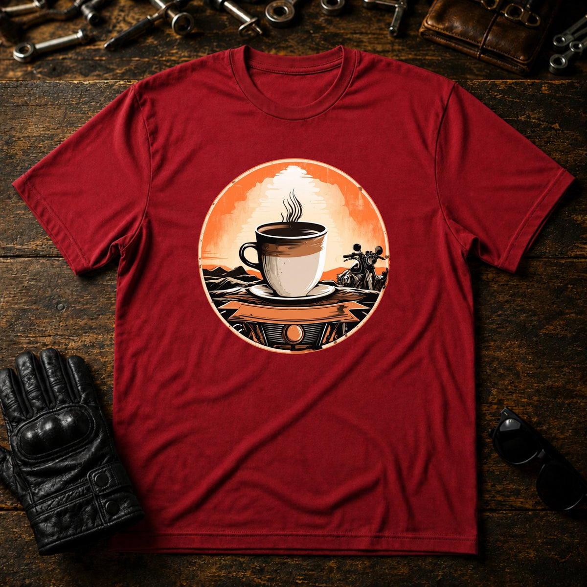 Sunrise Coffee Ride T-Shirt - mockup 7 cardinal red