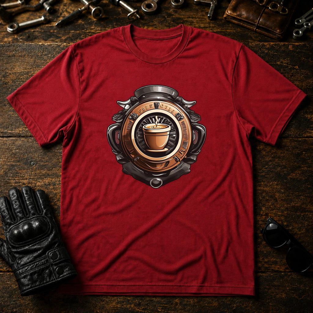 Coffee and Wheels Emblem T-Shirt - mockup 7 cardinal red