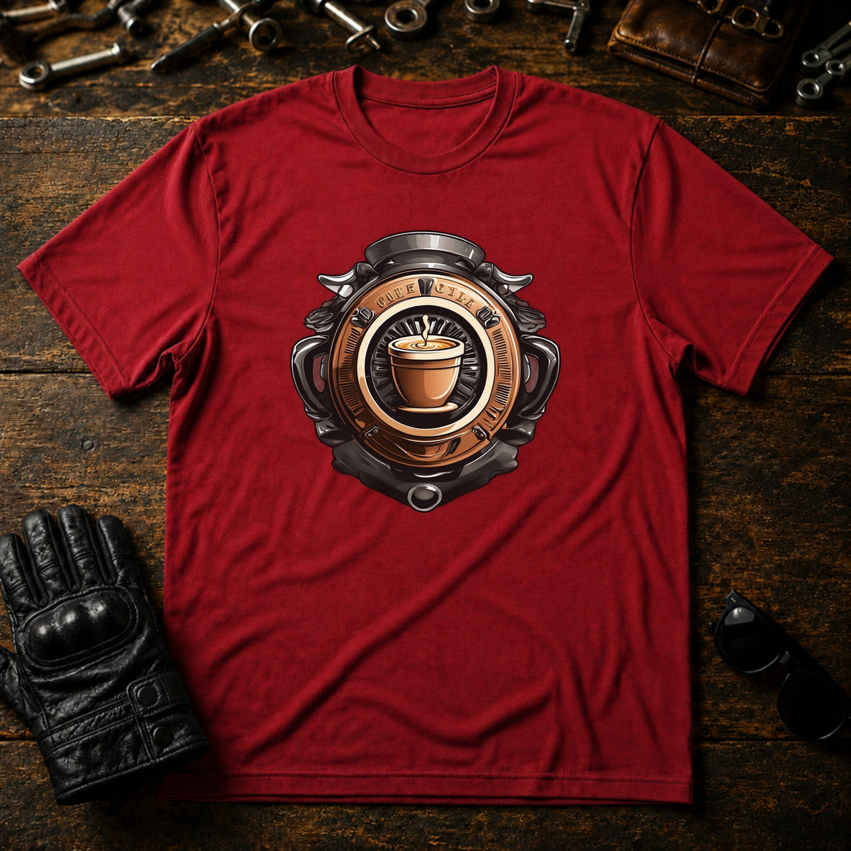 Coffee and Wheels Emblem T-Shirt - mockup 7 cardinal red