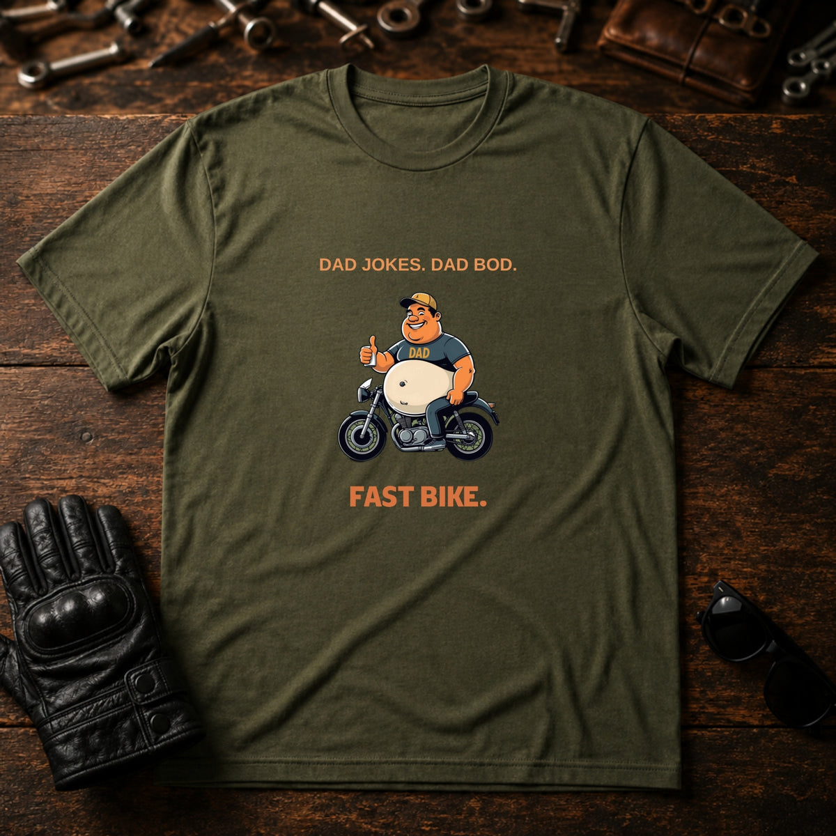 Dad Jokes Dad Bod Fast Bike T-Shirt - mockup 2 military green