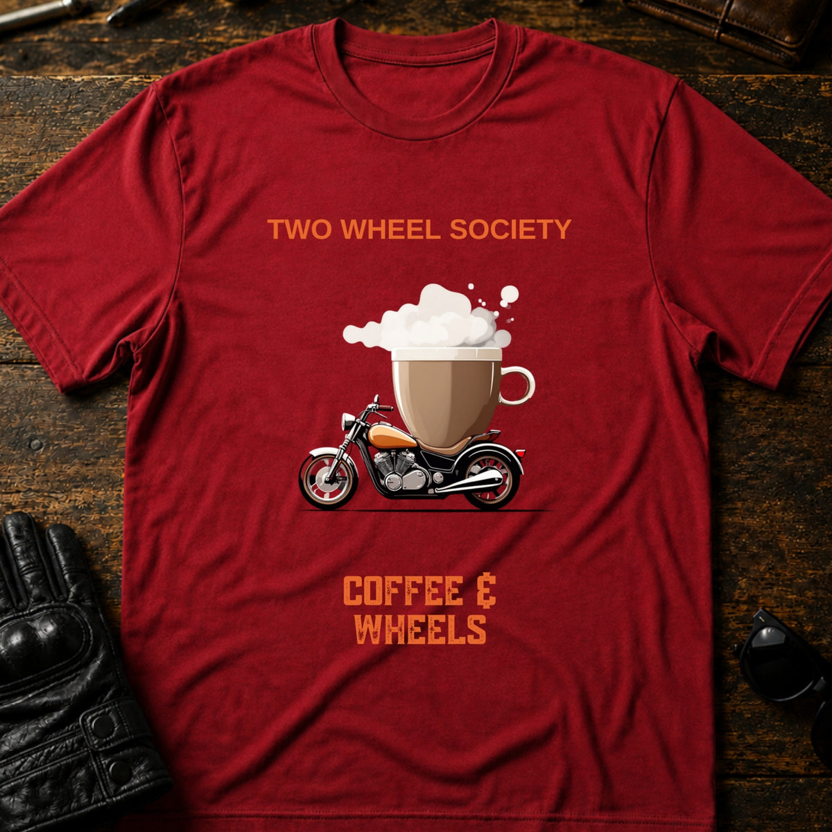 Coffee and Wheels T-Shirt, cardinal red