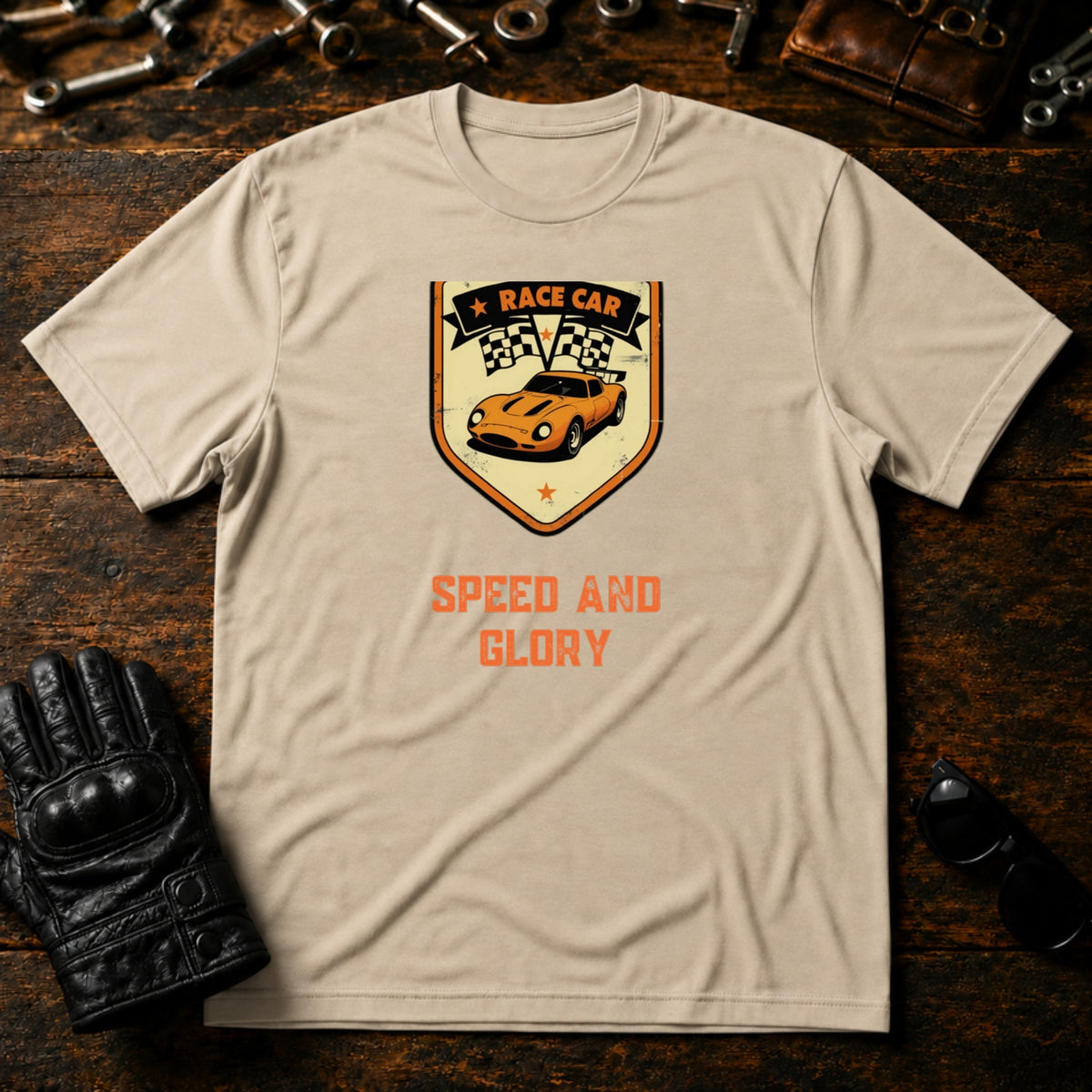 Vintage Race Car Badge T-Shirt - mockup 6 sand