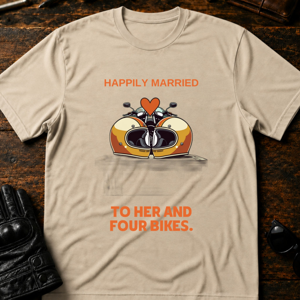 Happily Married To Her And Four Bikes Biker T-Shirt - mockup 6 sand
