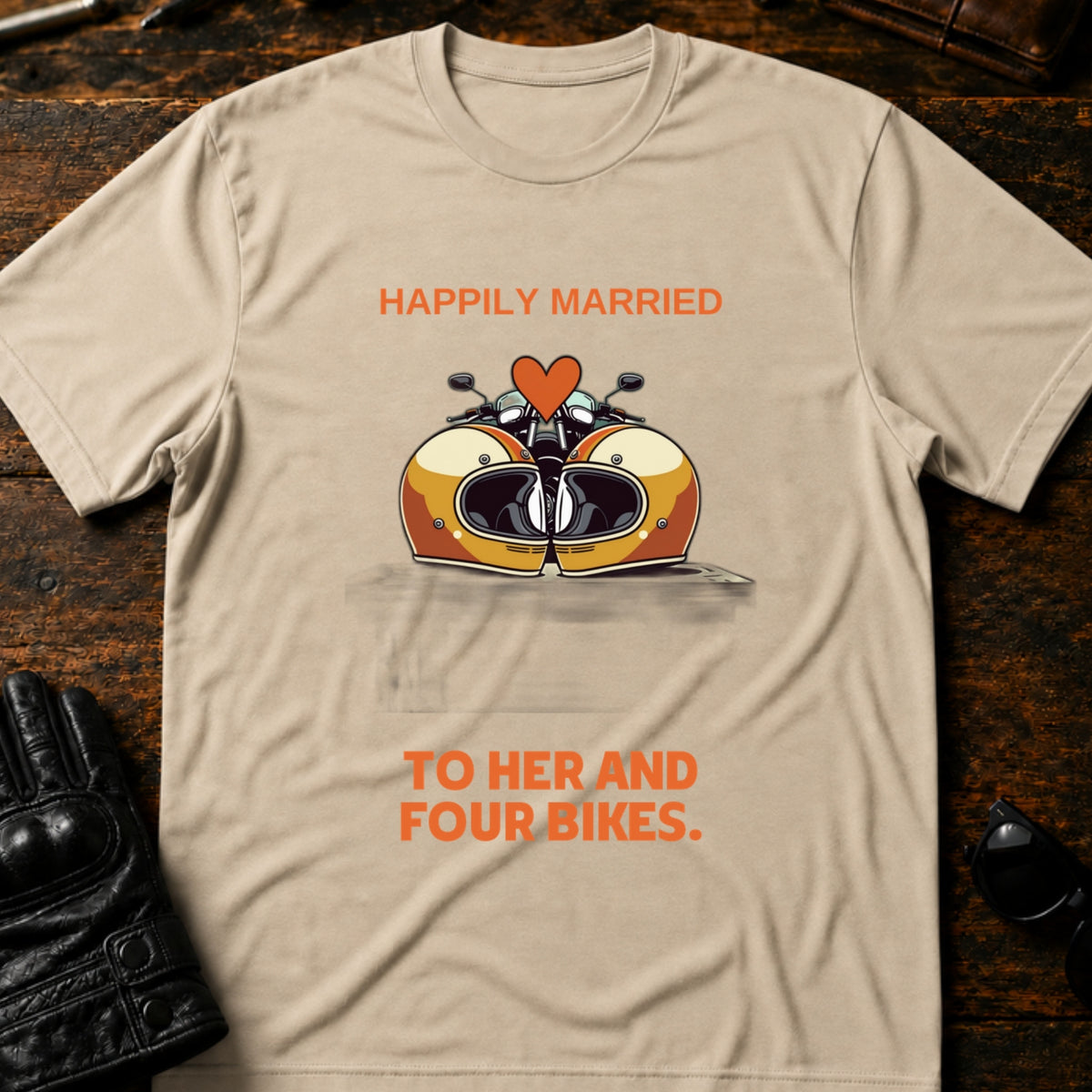 Happily Married To Her And Four Bikes Biker T-Shirt, sand