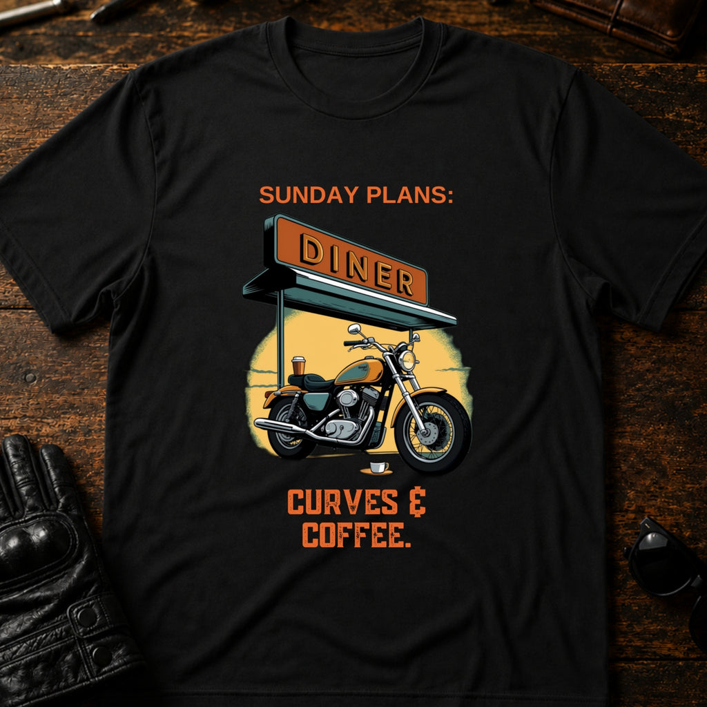 Sunday Plans Curves And Coffee Motorcycle T-Shirt - mockup 1 black