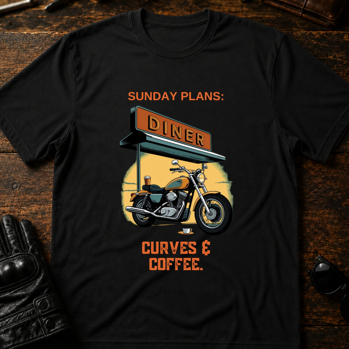 Sunday Plans Curves And Coffee Motorcycle T-Shirt, black