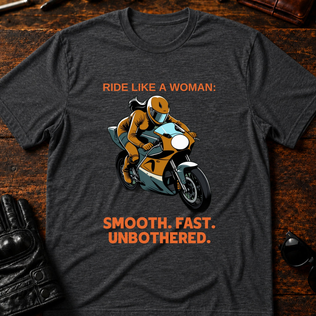 Ride Like A Woman Smooth Fast Unbothered T-Shirt - mockup 8 dark heather