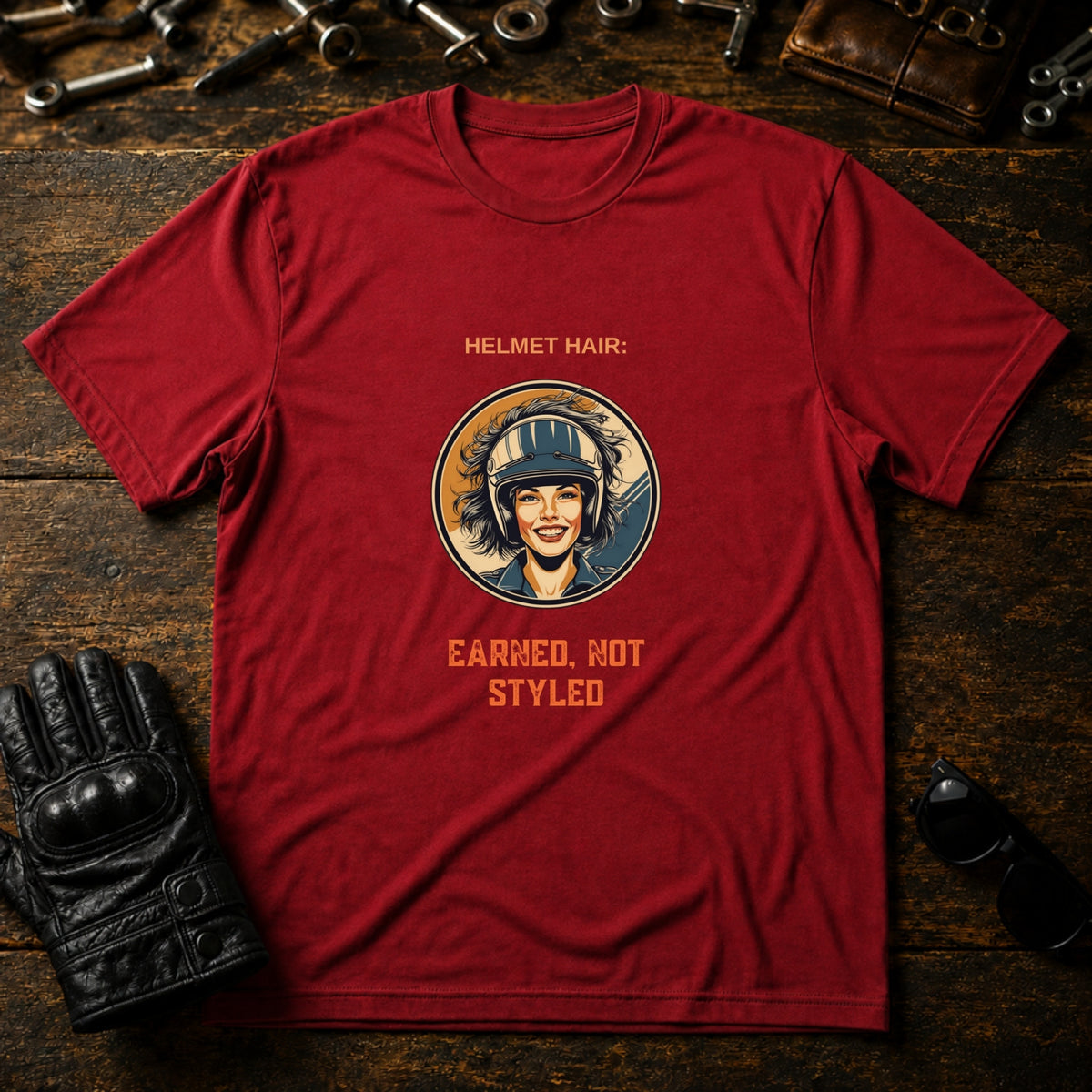 Helmet Hair Earned Not Styled T-Shirt - mockup 7 cardinal red