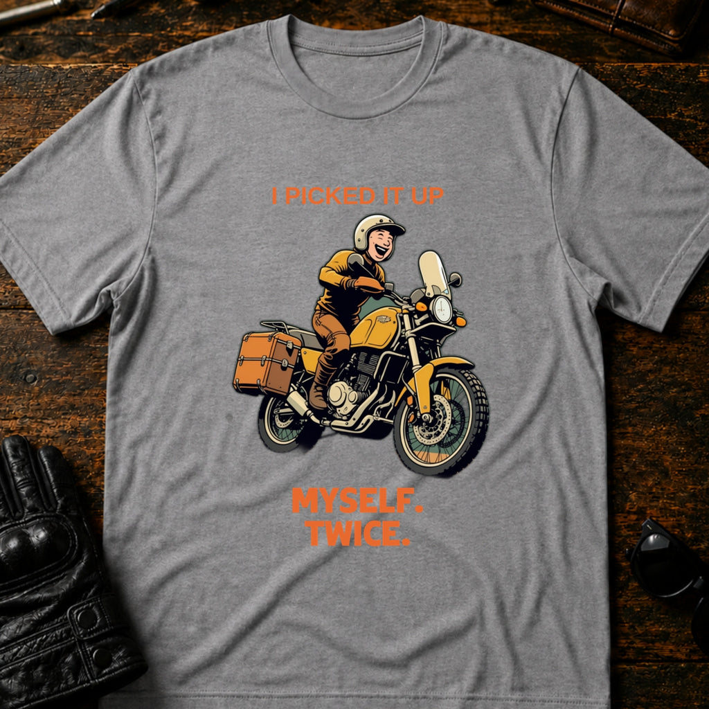 I Picked It Up Myself Twice Adventure Biker T-Shirt - mockup 4 sport gray