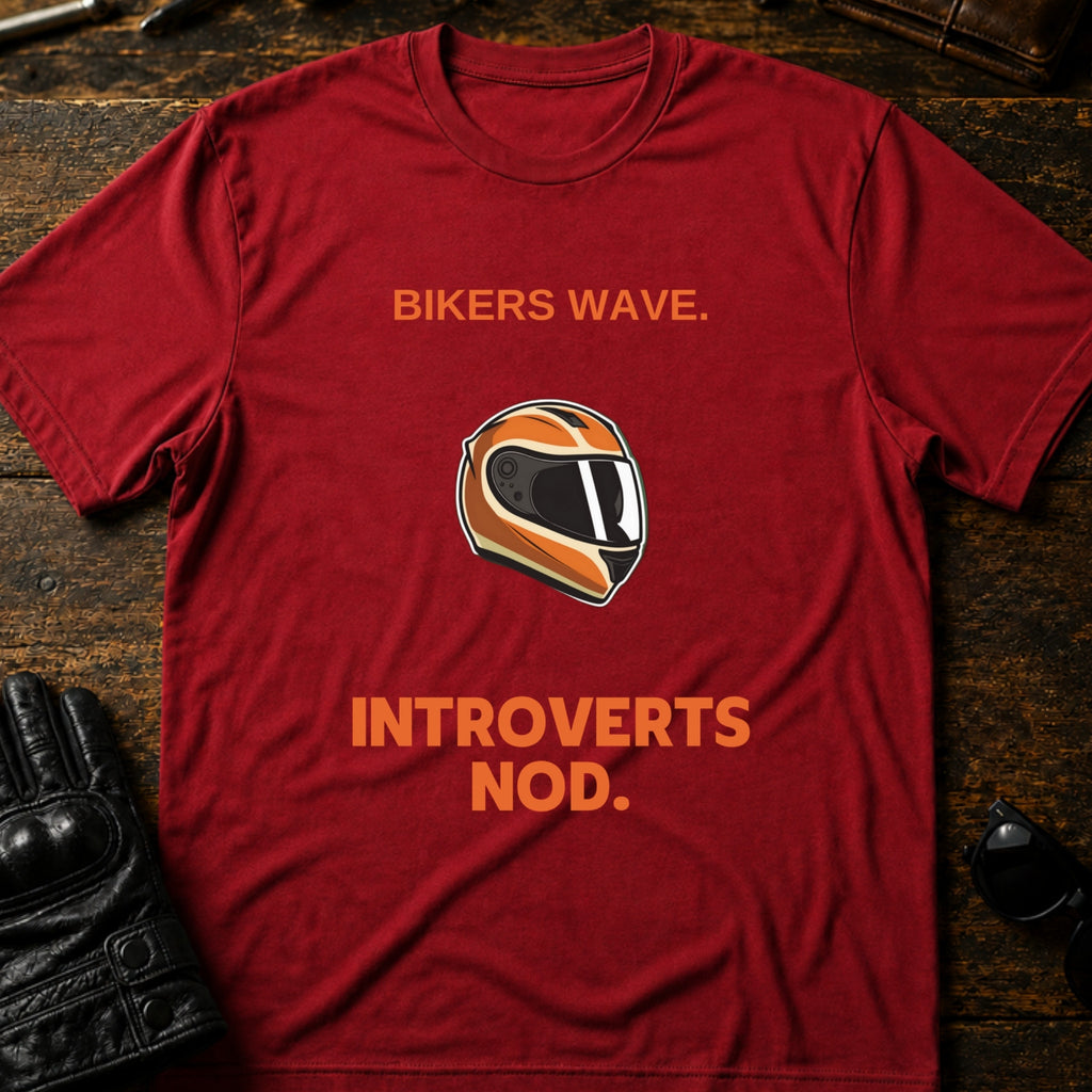 Bikers Wave Introverts Nod Funny Motorcycle T-Shirt - mockup 7 cardinal red