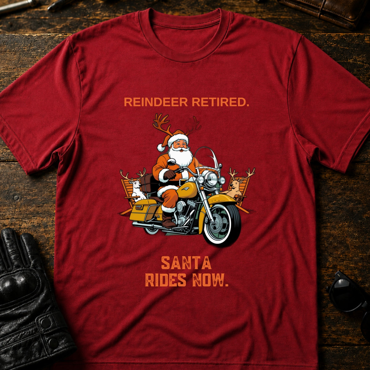 Reindeer Retired Santa Rides Now Motorcycle T-Shirt, cardinal red
