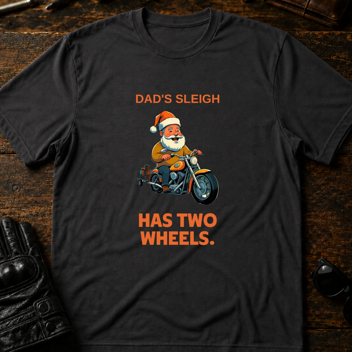 Dads Sleigh Has Two Wheels Christmas Motorcycle T-Shirt, charcoal