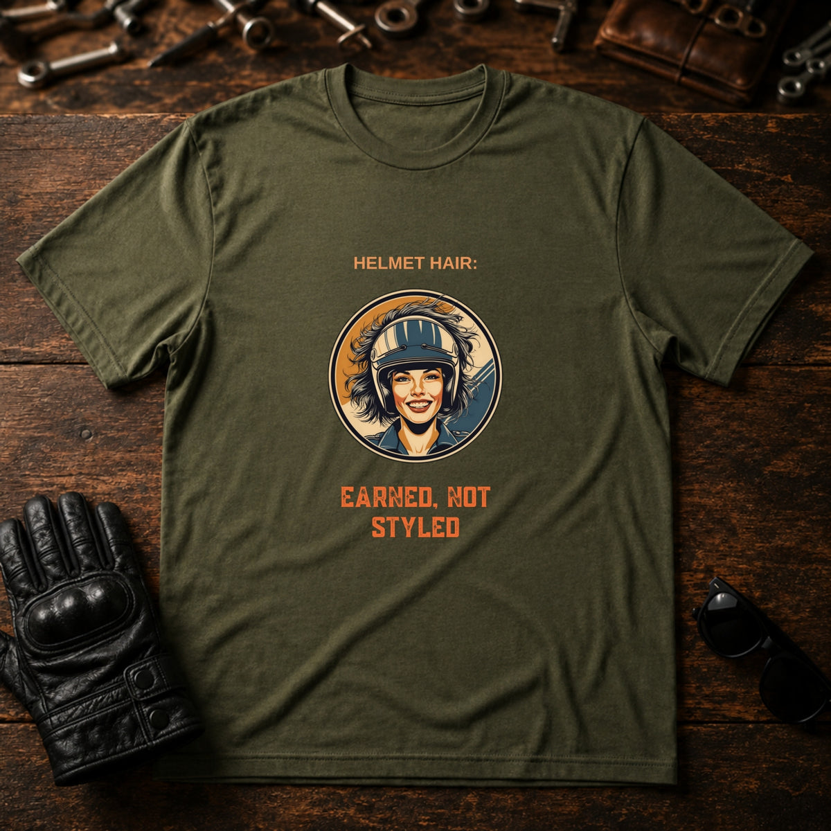 Helmet Hair Earned Not Styled T-Shirt - mockup 2 military green