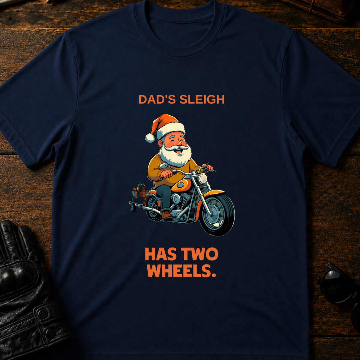 Dads Sleigh Has Two Wheels Christmas Motorcycle T-Shirt, navy